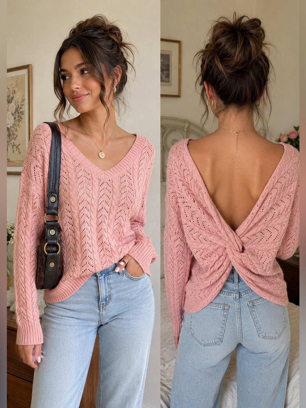 Blue Rain Blush Pink V-Neck Twist Back Sweater Coquette Balletcore Medium